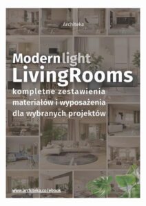 Okładka: Nowoczesny pokój dzienny - przydatne rozwiązania. Katalog z zestawieniami materiałów i wyposażenia.
