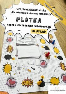 Okładka: Gra planszowa "Plotka. Rzecz o plotkowaniu i obgadywaniu" dla młodzieży 10+ Pomoc edukacyjna do druku
