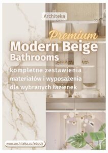 Okładka: Nowoczesne łazienki premium - przydatne rozwiązania. Katalog z zestawieniami materiałów i wyposażenia.